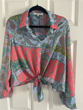 Rose & Olive Coral and Light Blue Paisley Tie-Front Button Down Shirt